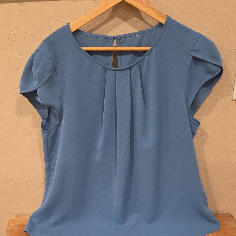 Blue Pleated Front Blouse Business Casual Work Top Size L